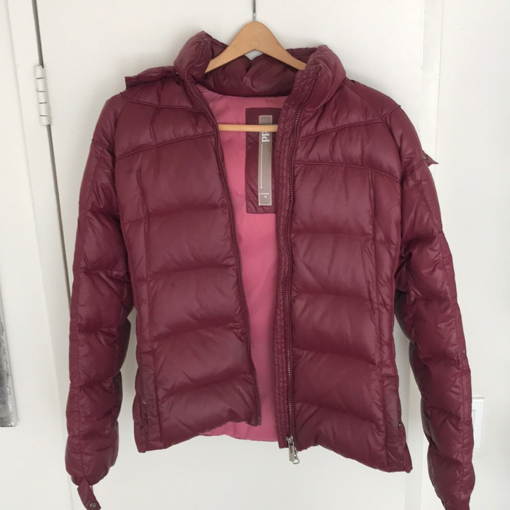 add maroon puffer jacket